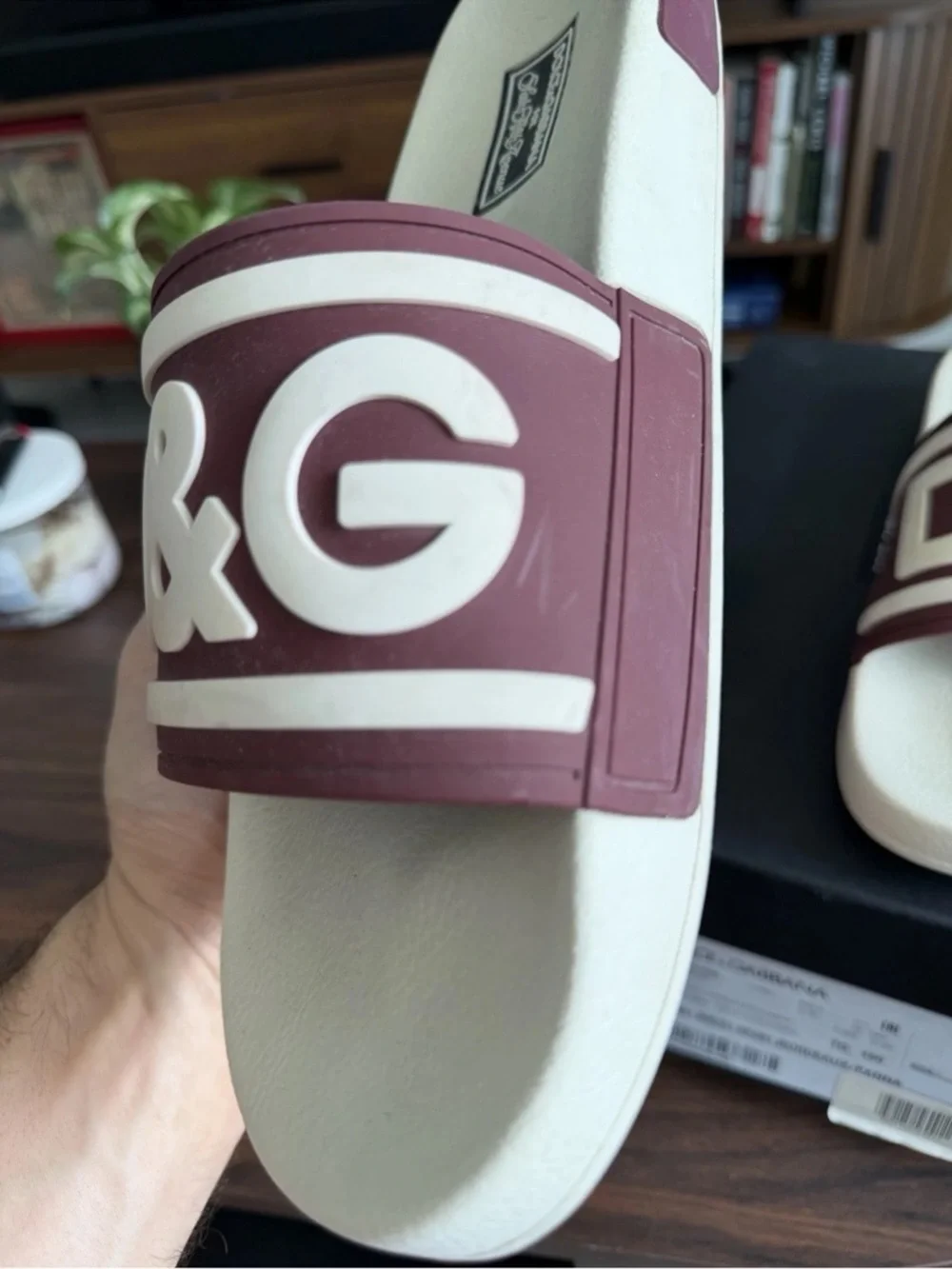 Dolce & Gabbana Cream and Burgundy D&G Logo Slide Sandals